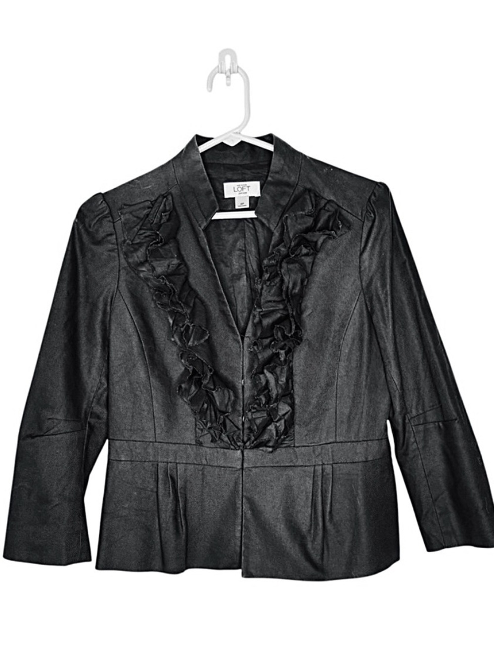 Ann Taylor Loft Cotton Ruffle Front Hook Blazer Black